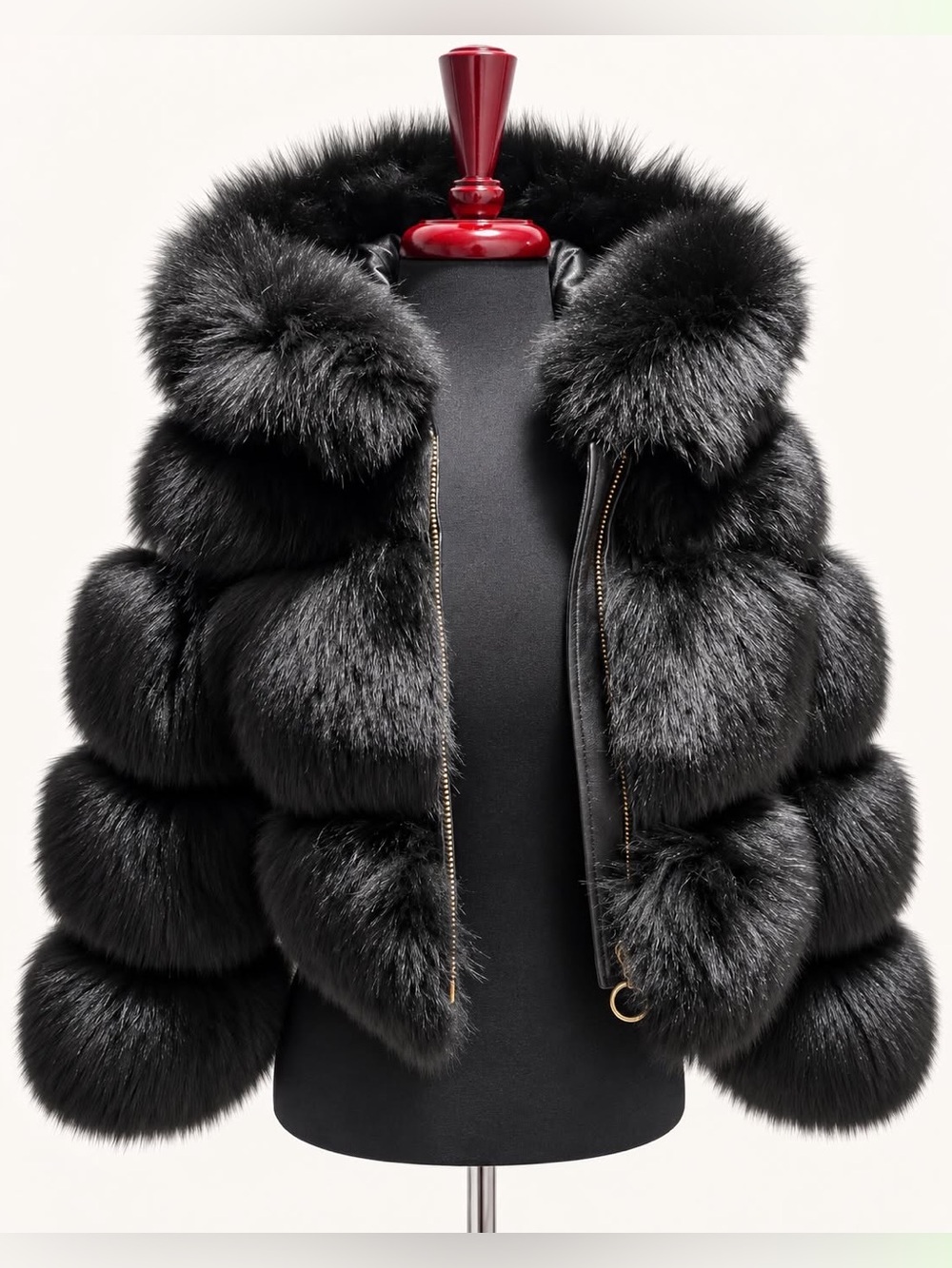 Black Genuine Fox Fur Jacket Hooded Zip Up Luxury Winter Coat Women